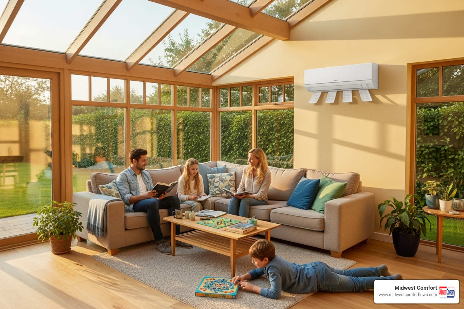 family relaxing in a temperature-controlled sunroom with a mini split unit visible - mini split service windsor heights
