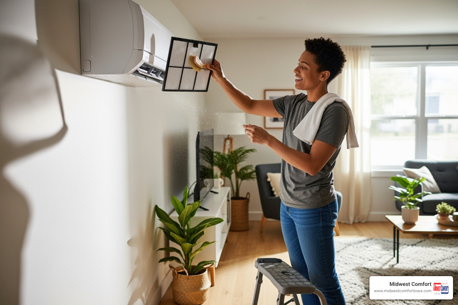 homeowner easily cleaning the filter of their indoor mini split unit - mini split service windsor heights