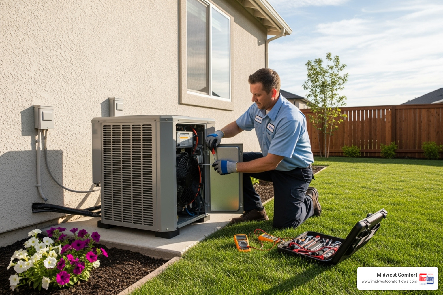 professional technician performing maintenance on an outdoor mini split compressor unit - mini split service windsor heights
