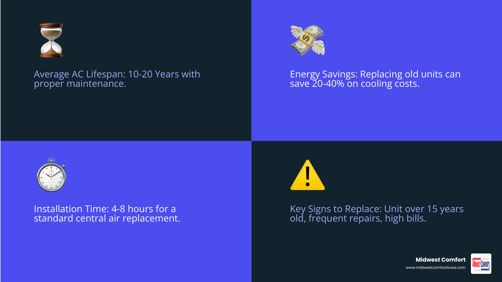 Infographic showing the timeline and benefits of central air replacement: 10-15 year typical lifespan, 20-40% potential energy savings, 4-8 hour installation time, and key warning signs including age over 15 years, rising energy bills, frequent repairs, inconsistent cooling, and strange noises from the unit - central air replacement ankeny ia infographic 4_facts_emoji_blue