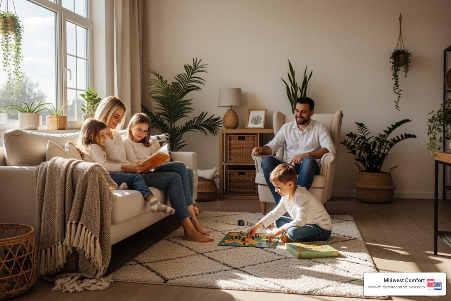 family relaxing comfortably in their living room during a sunny day - central air replacement ankeny ia