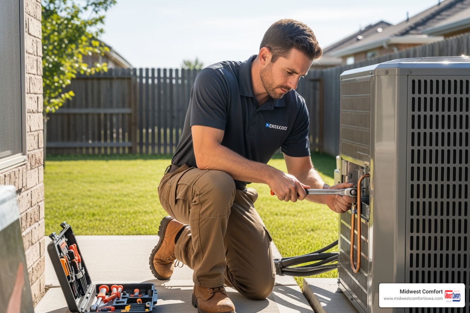 HVAC technician performing maintenance on an outdoor AC unit - central air replacement ankeny ia