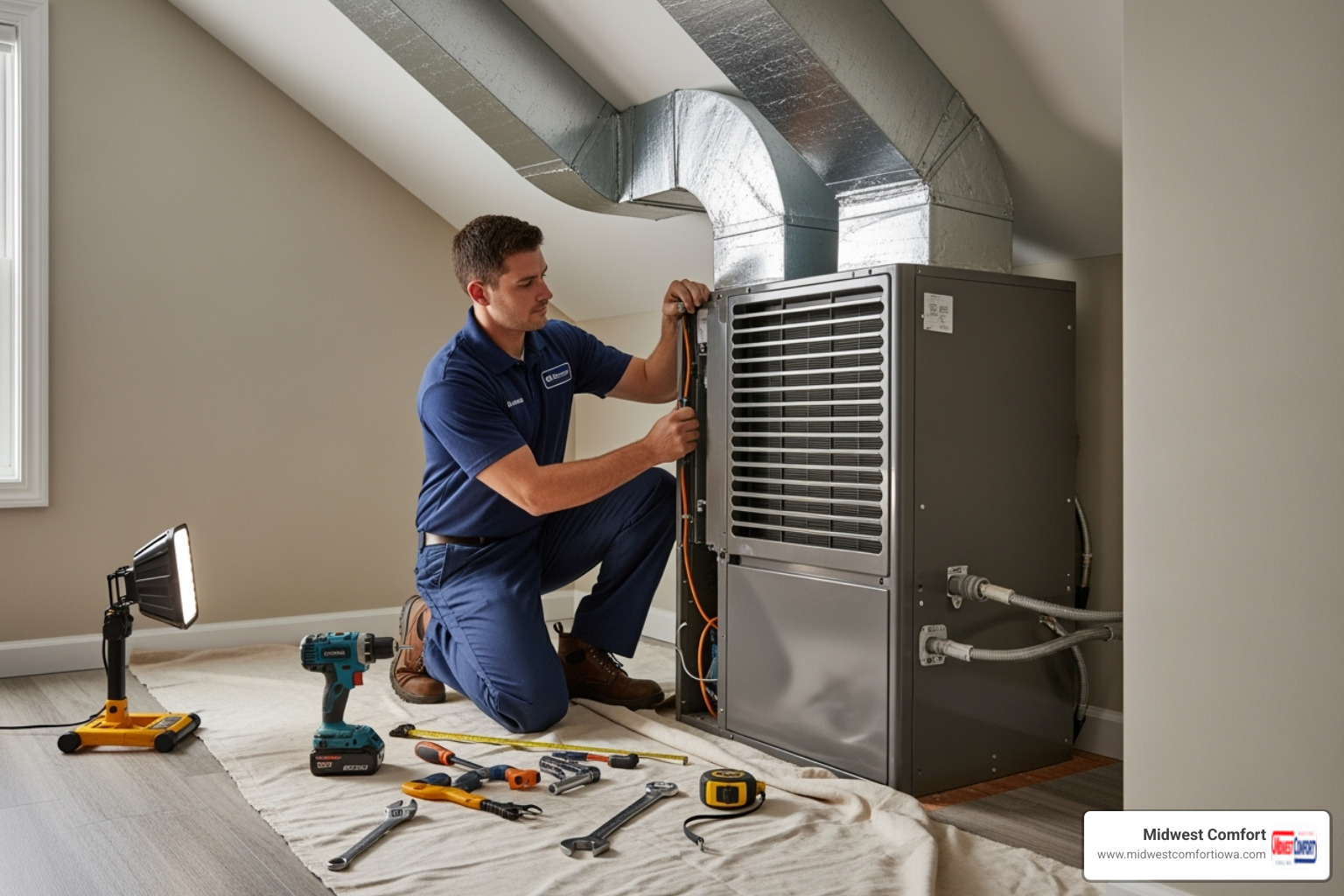 professional HVAC technician installing a new central air system - central air replacement ankeny ia