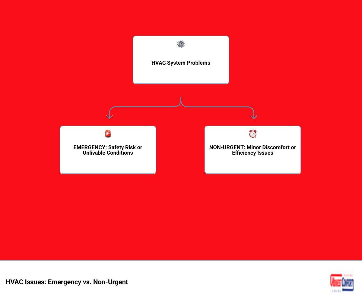 Infographic showing two columns: left side lists HVAC emergencies requiring immediate service (no heat in freezing weather, gas odor, carbon monoxide alert, electrical sparking, no cooling during heat advisory) and right side shows non-urgent issues that can wait (minor temperature fluctuations, unusual but consistent noises, higher energy bills, uneven room temperatures) - after hours service altoona infographic hierarchy