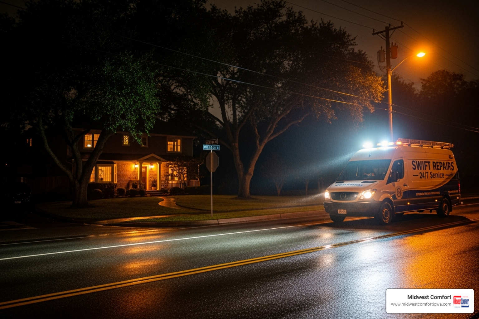 A service van with a bright spotlight driving down a street at night, with a house in the background - after hours service altoona