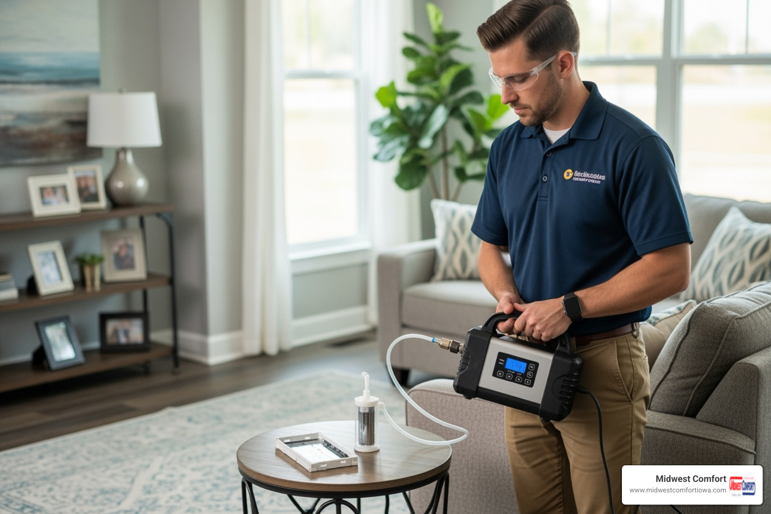 technician using an air sampling device in a home - air quality testing johnston