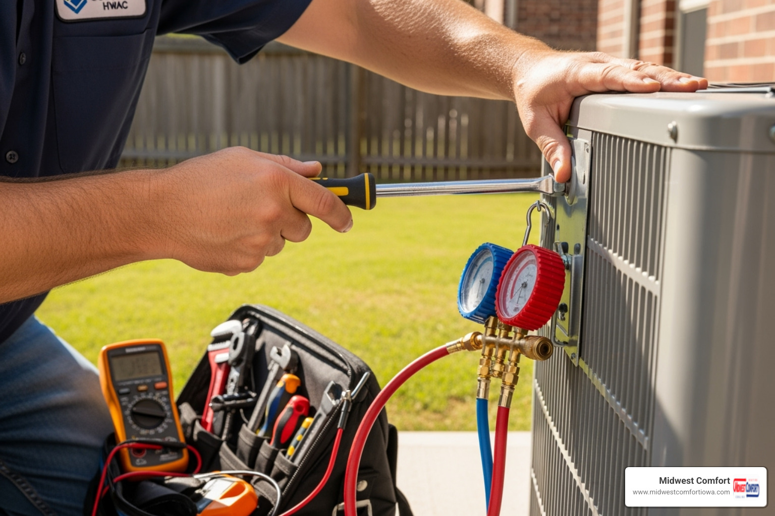 A technician professionally servicing an outdoor air conditioning unit - maintenance plan polk city