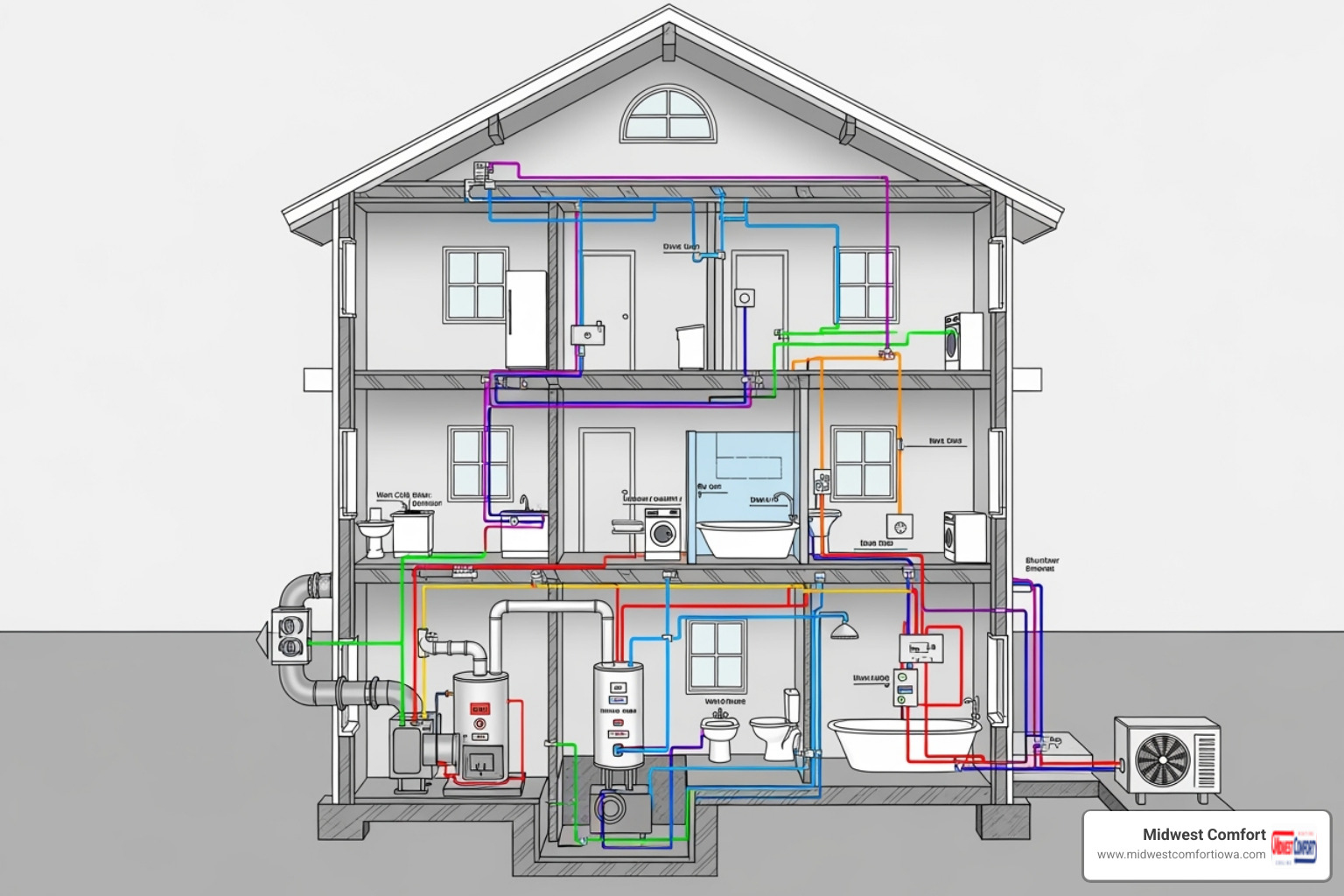 A diagram showing a home's essential systems like HVAC, plumbing, and electrical - maintenance plan polk city