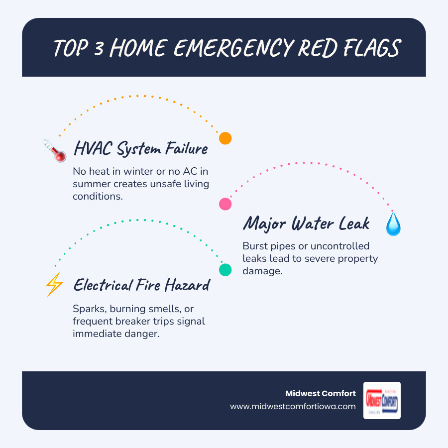 Infographic showing three critical emergency signs: a furnace with no heat and temperature below 32°F, an AC unit blowing warm air when it's above 90°F outside, and a water heater leaking with visible puddles, each with a red alert icon and "Call Immediately" instruction - emergency repair near me des moines infographic infographic-line-3-steps-blues-accent_colors