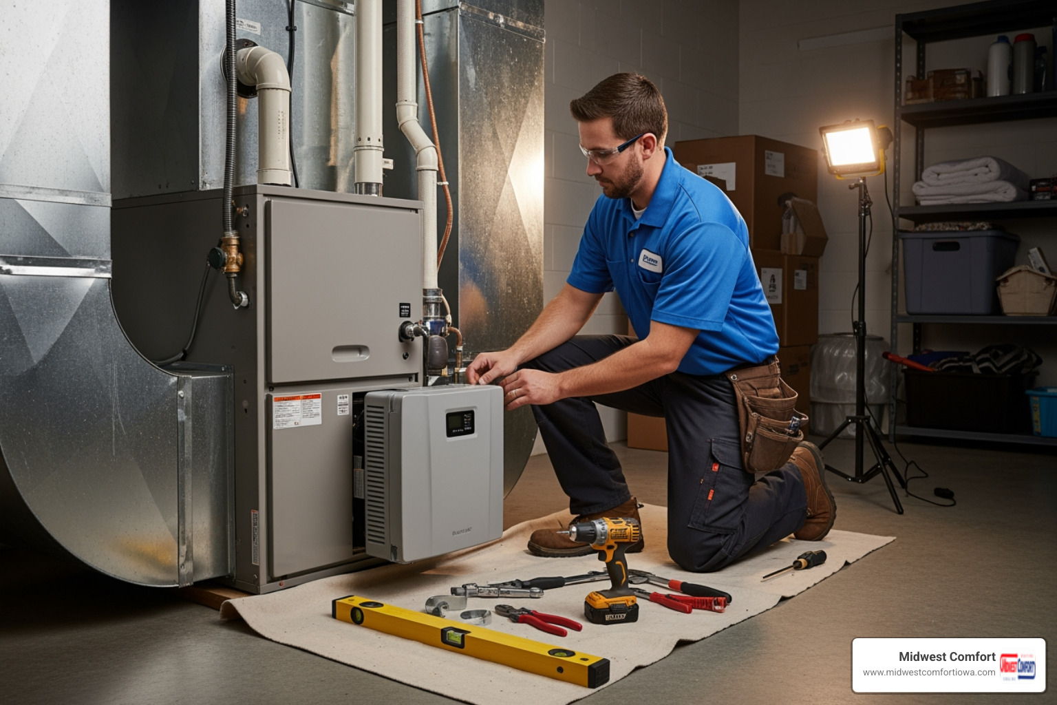 technician professionally installing a humidifier on a furnace - humidifier installation altoona