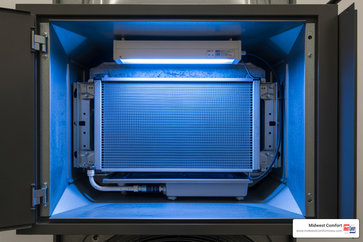 UV light installed inside an HVAC system, glowing near the evaporator coil - uv light installation waukee