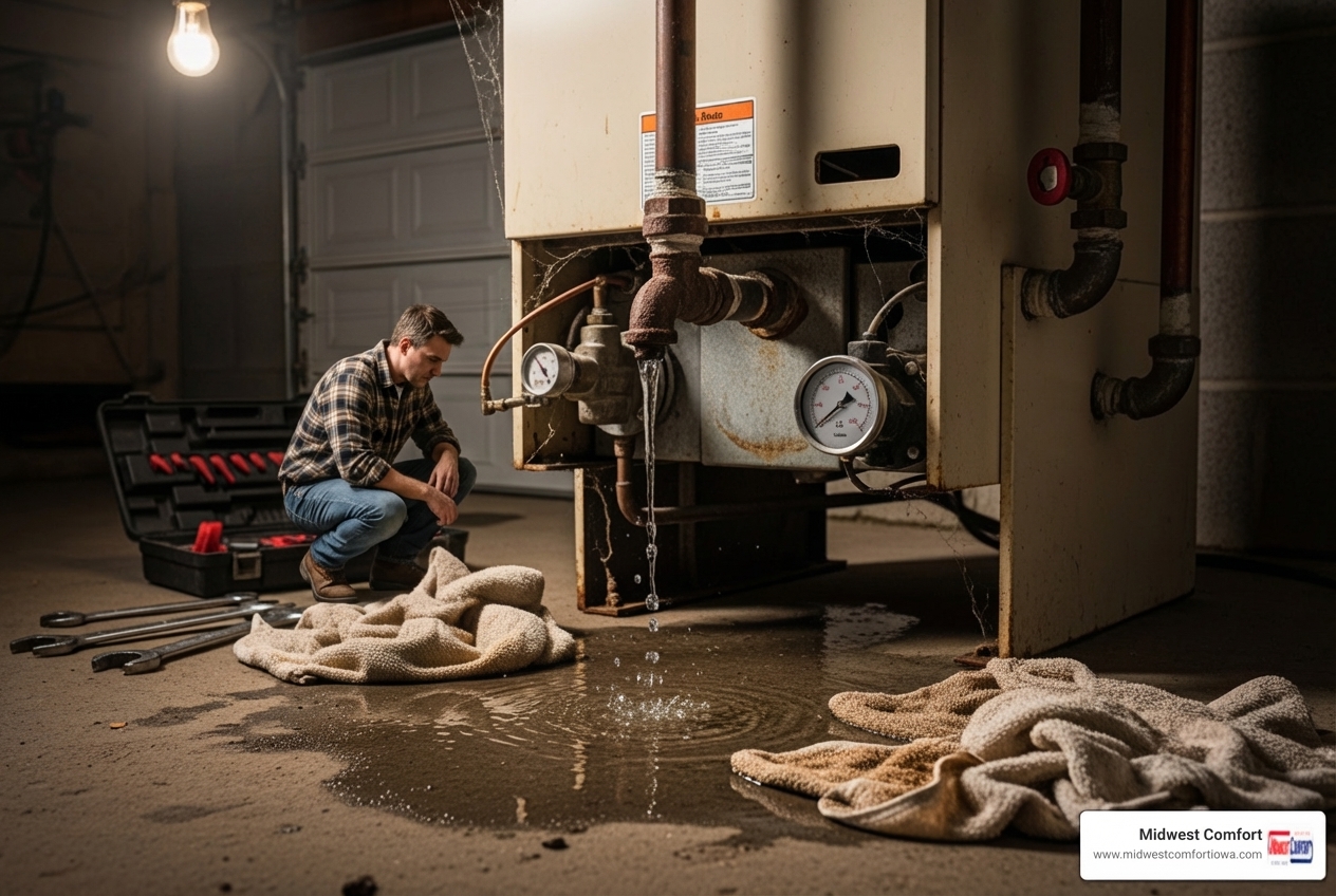 Infographic showing emergency boiler warning signs: no heat production, strange banging or kettling noises, visible water leaks or puddles, pilot light won't stay lit, pressure gauge in red zone, cold radiators throughout home, and gas odor near unit - emergency boiler repair in altoona, ia