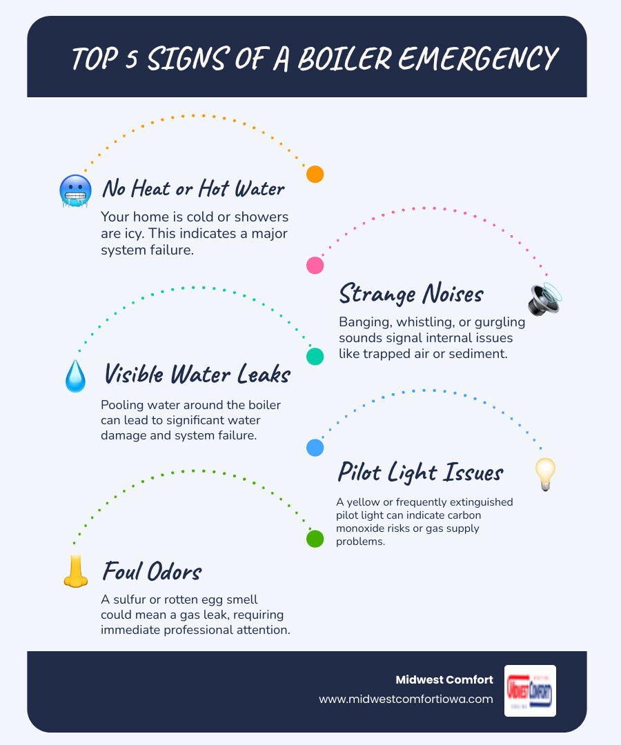 Infographic showing the top 5 signs of a boiler emergency: no heat or hot water, strange banging or whistling noises, visible water leaks, yellow or extinguished pilot light, and foul odors or gas smell - emergency boiler repair in ankeny, ia infographic infographic-line-5-steps-blues-accent_colors