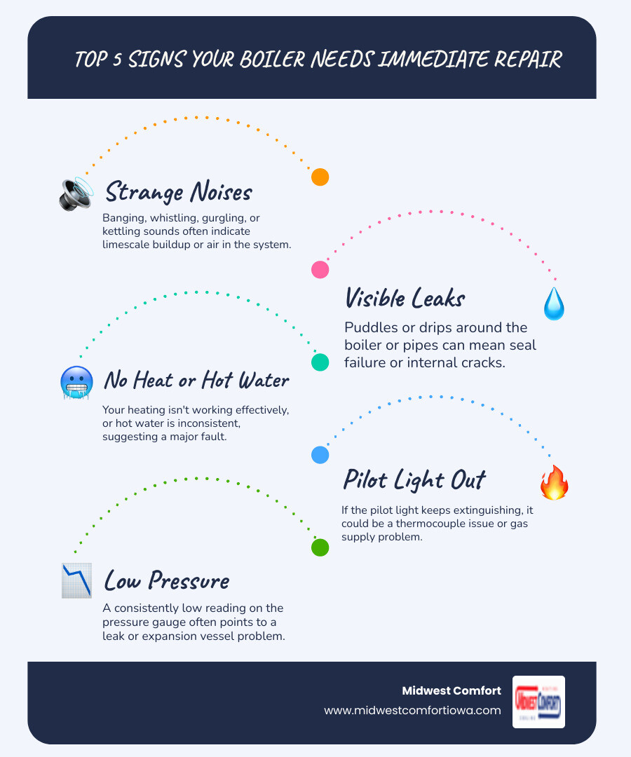 infographic showing the top 5 signs a boiler needs immediate repair: unusual noises like banging or whistling, visible water leaks around the unit, sudden loss of heat or hot water, pilot light repeatedly going out, and pressure gauge reading below normal levels - affordable boiler repair in adel, ia infographic infographic-line-5-steps-blues-accent_colors