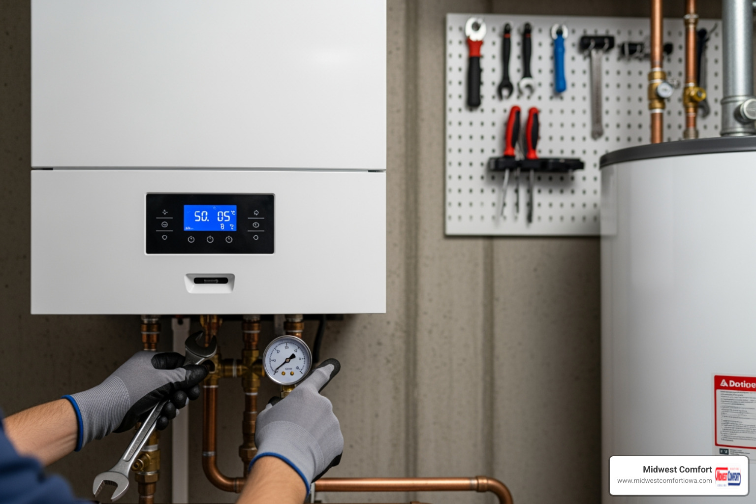 Infographic showing five critical warning signs requiring immediate boiler repair: no heat production with thermostat display, water pooling beneath boiler unit, pressure gauge reading in red zone, yellow or flickering pilot light flame, and radiator remaining cold despite system running - best boiler repair in altoona, ia