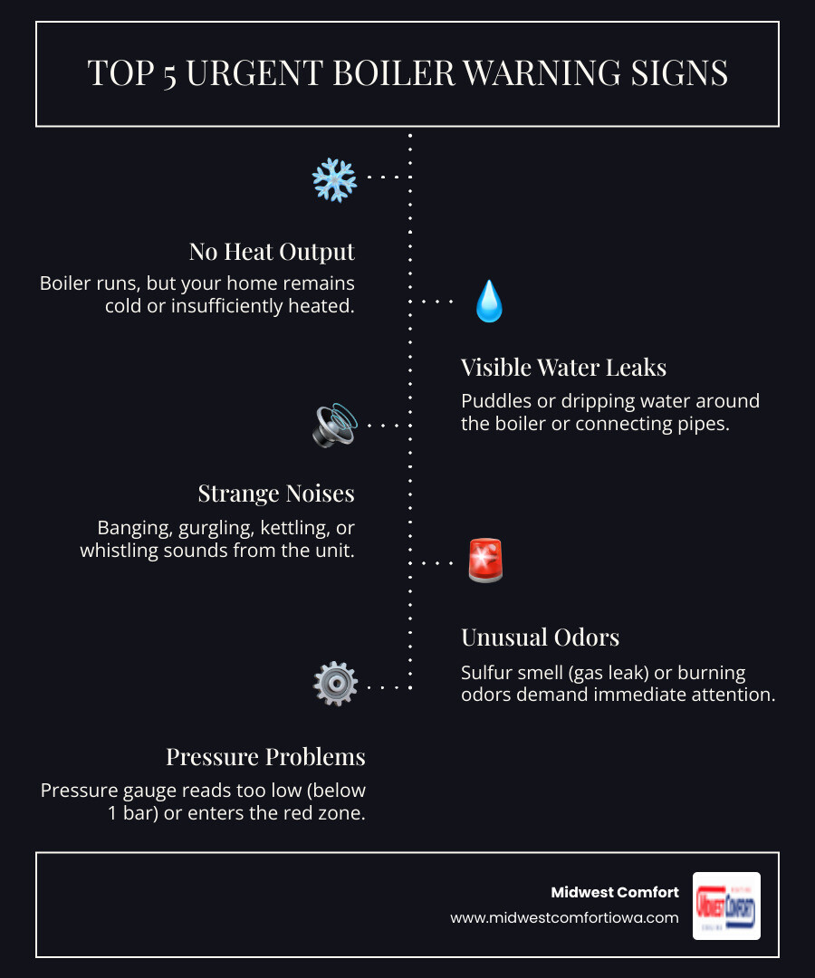 Infographic showing the top 5 urgent boiler warning signs: 1) No heat production with system running, 2) Water leaking from boiler or pipes with visible pooling, 3) Loud banging or kettling noises indicating limescale buildup, 4) Sulfur or gas smell requiring immediate evacuation, 5) Pressure gauge in red zone or below 1 bar - boiler repair in ankeny ia infographic infographic-line-5-steps-dark