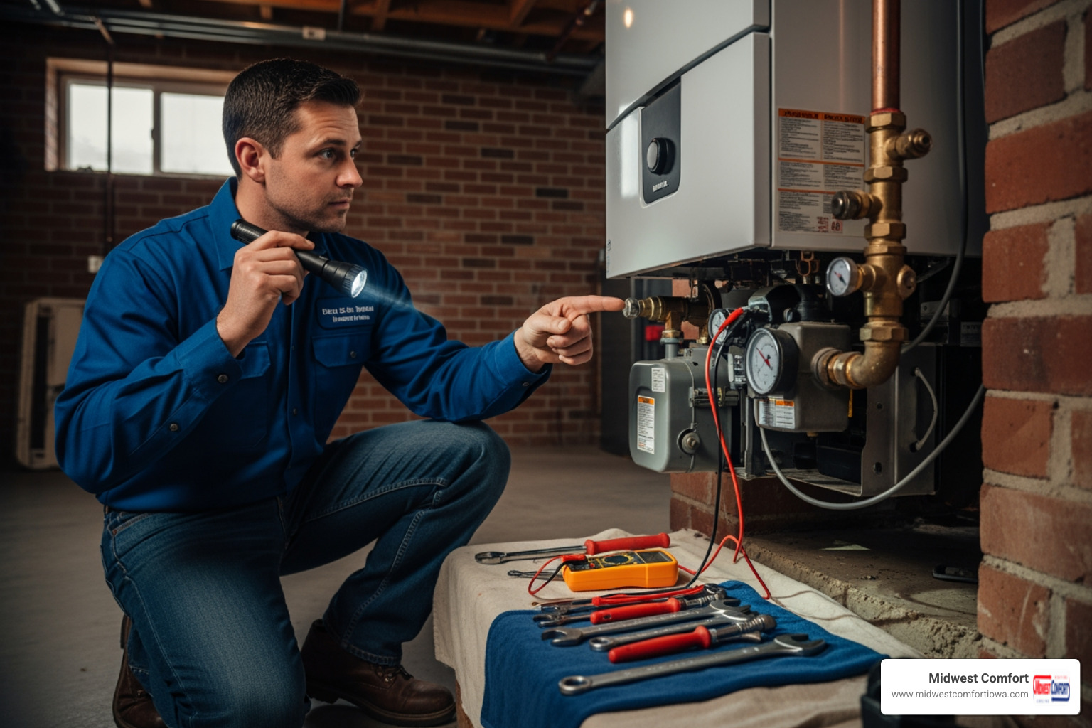 infographic showing how a residential boiler system works, including the water heating process, circulation through radiators or baseboards, thermostat control, pressure gauge, and return loop back to the boiler unit - boiler repair in adel ia