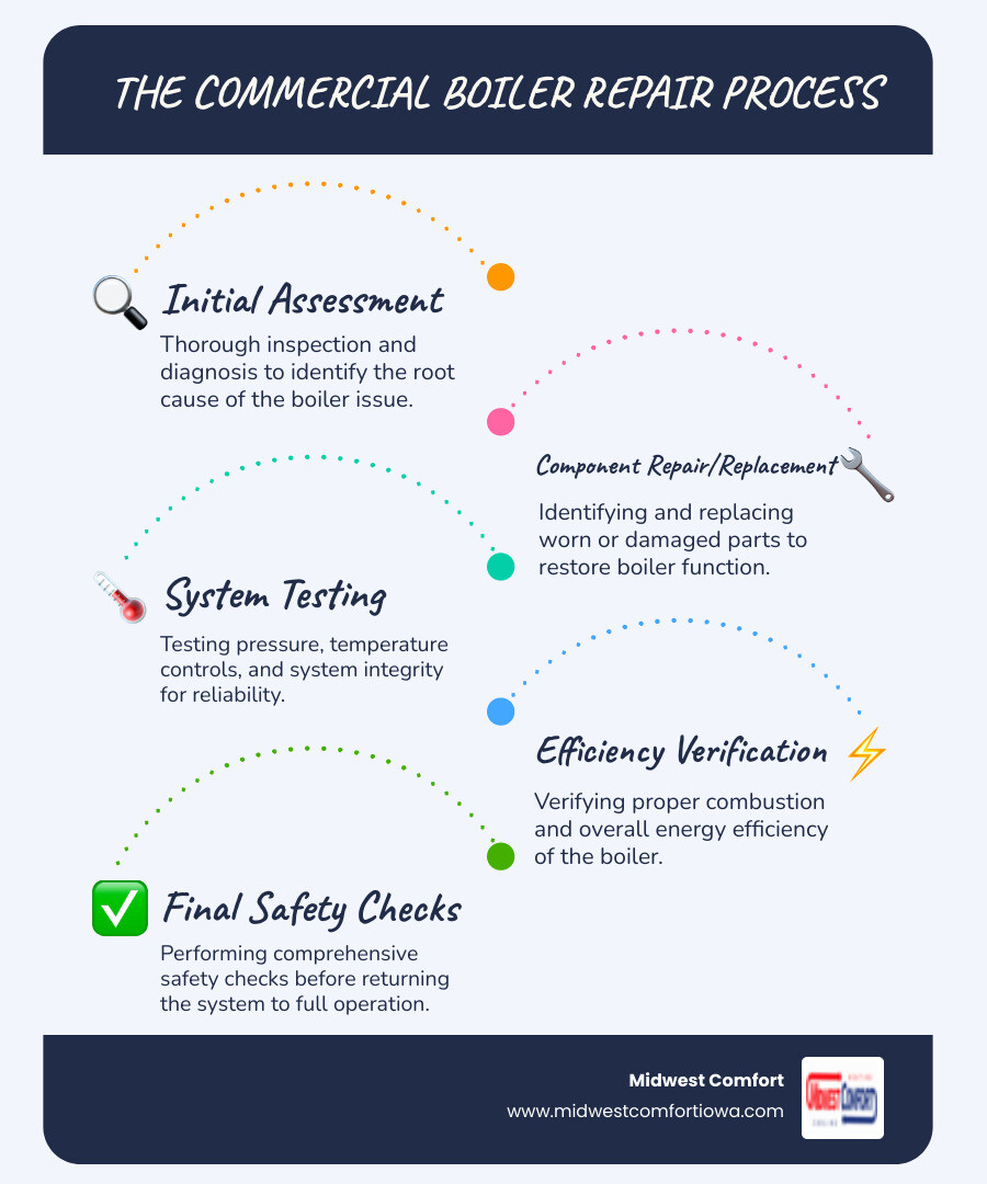 Infographic showing the commercial boiler repair process: initial inspection and diagnosis, identifying worn or damaged components, performing necessary repairs or part replacements, testing system pressure and temperature controls, verifying proper combustion and efficiency, and final safety checks before returning system to operation - commercial boiler repair in adel, ia infographic infographic-line-5-steps-blues-accent_colors Infographic showing the commercial boiler repair process: initial inspection and diagnosis, identifying worn or damaged components, performing necessary repairs or part replacements, testing system pressure and temperature controls, verifying proper combustion and efficiency, and final safety checks before returning system to operation - commercial boiler repair in adel, ia infographic infographic-line-5-steps-blues-accent_colors