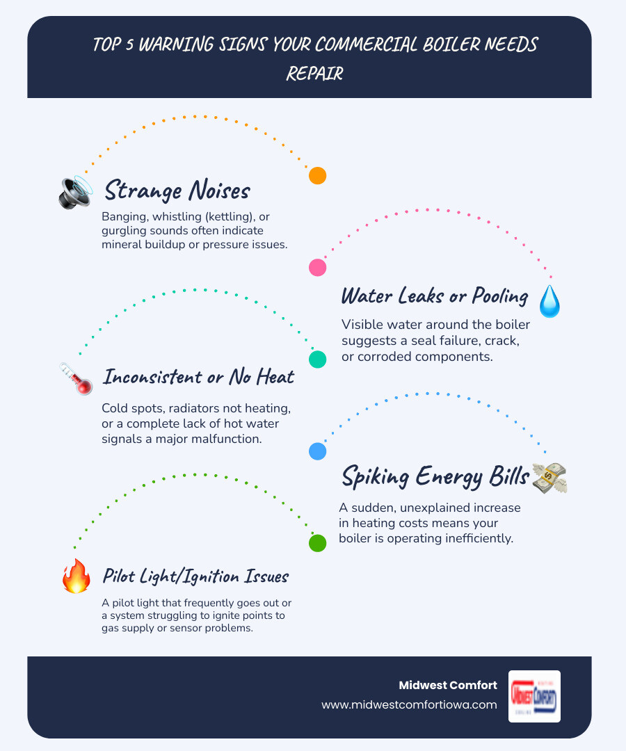 infographic showing the top 5 warning signs that a commercial boiler needs repair: unusual noises like banging or kettling, visible water leaks or pooling, inconsistent heating or no heat, rising energy bills without explanation, and frequent pilot light or ignition problems - commercial boiler repair in carlisle, ia infographic infographic-line-5-steps-blues-accent_colors infographic showing the top 5 warning signs that a commercial boiler needs repair: unusual noises like banging or kettling, visible water leaks or pooling, inconsistent heating or no heat, rising energy bills without explanation, and frequent pilot light or ignition problems - commercial boiler repair in carlisle, ia infographic infographic-line-5-steps-blues-accent_colors