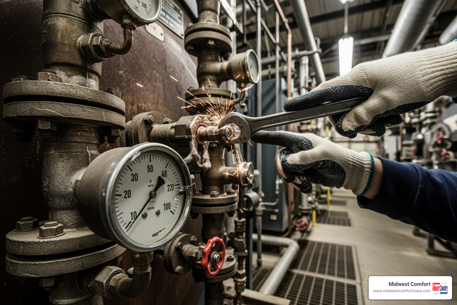 infographic showing the key components of a commercial hydronic boiler system including the burner, heat exchanger, circulation pump, expansion tank, pressure gauge, and how heated water flows through pipes to radiators or radiant heating systems throughout a building - commercial boiler repair in ankeny, ia