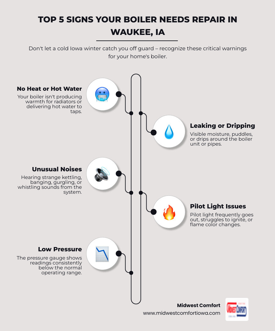 infographic showing the top 5 warning signs that indicate a boiler needs repair in Waukee, IA: no heat or hot water production, visible leaks or dripping around the unit, unusual kettling or banging noises, pilot light issues including flame going out or changing color, and low boiler pressure readings on the gauge - boiler repair in waukee ia infographic