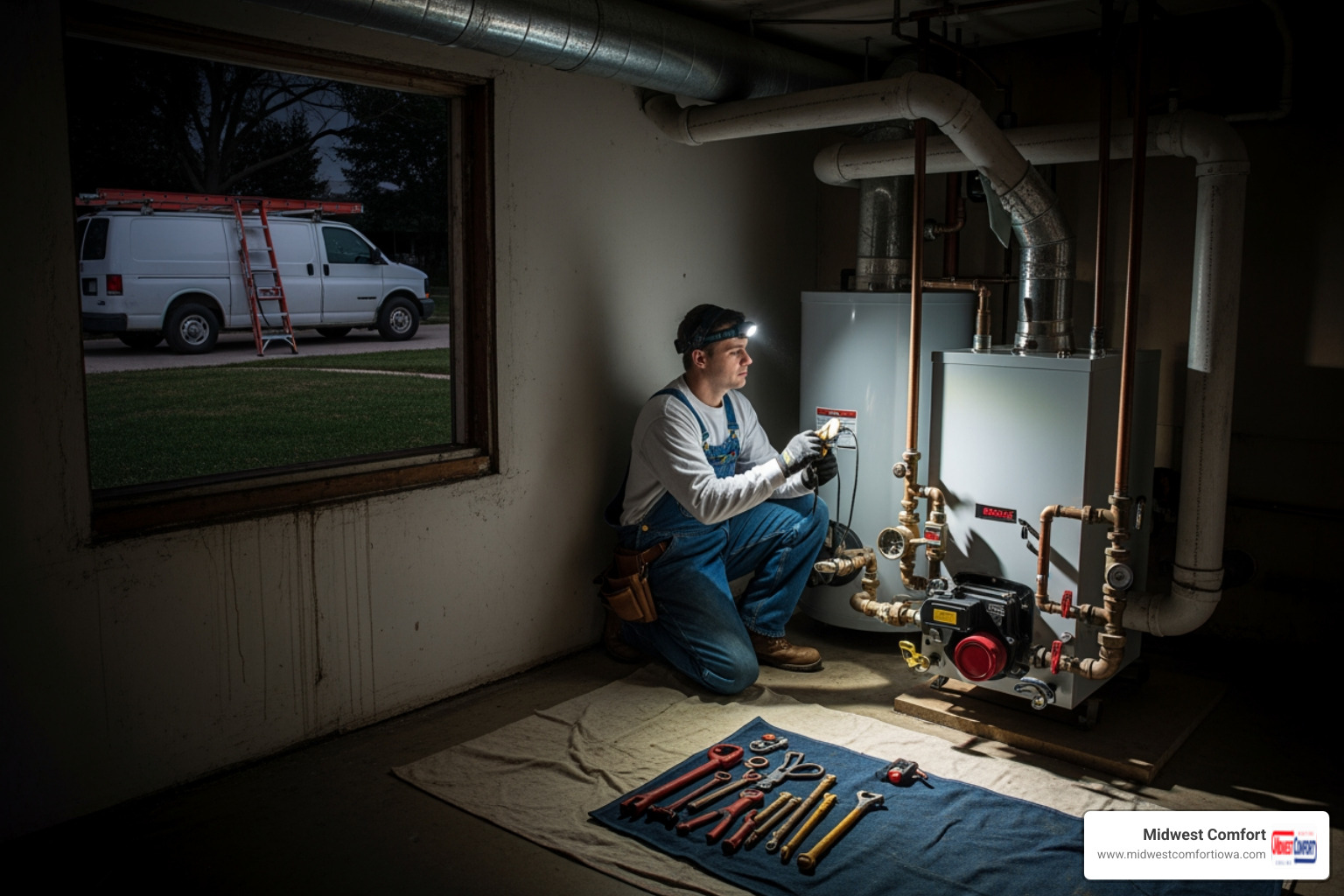 infographic showing emergency boiler repair process: 1) Recognize warning signs like no heat or strange noises, 2) Check for immediate safety hazards, 3) Call 24/7 emergency service, 4) Technician arrives and diagnoses issue, 5) Professional repair restores heat, 6) Schedule preventive maintenance - 24 hour boiler repair in adel, ia