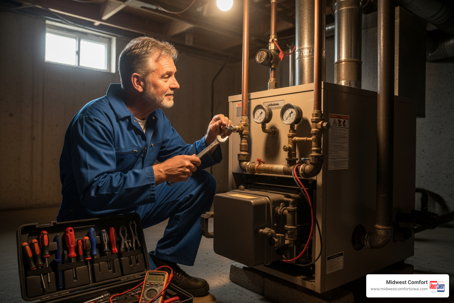 infographic showing how a residential boiler circulates hot water through a home to provide radiant heat, with labeled components including the boiler unit, pipes, radiators, thermostat, and return lines - residential boiler repair in carlisle, ia
