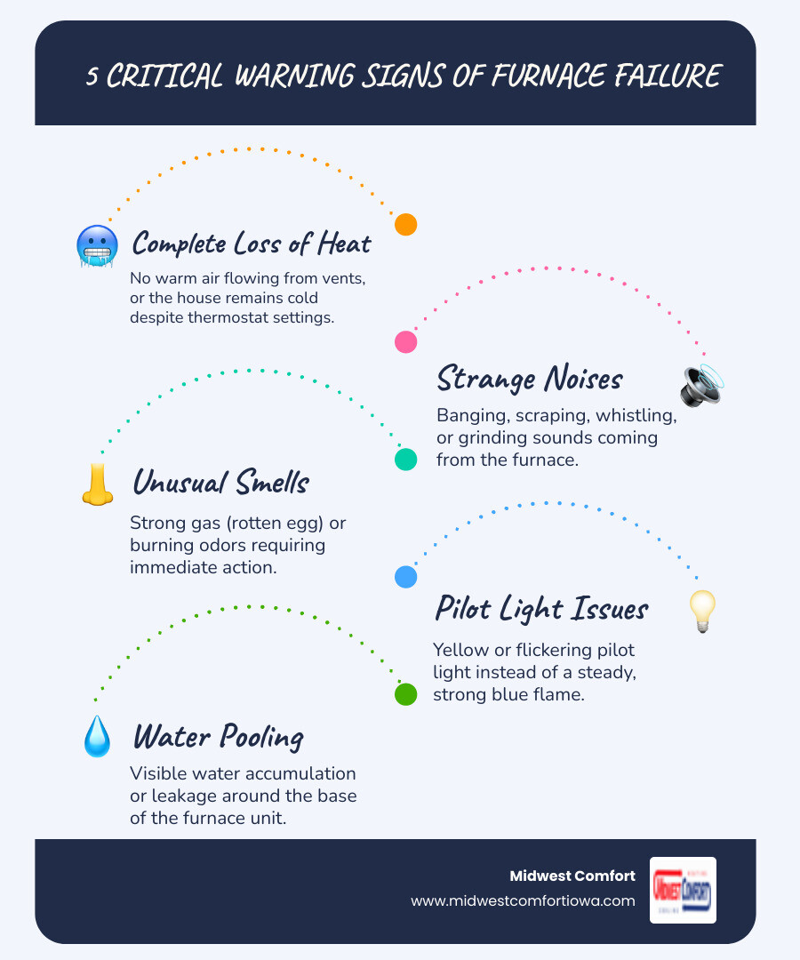 Infographic showing the 5 critical warning signs of furnace failure: 1) Complete loss of heat with no warm air from vents, 2) Strange noises like banging, scraping, or whistling sounds, 3) Strong gas or burning smells requiring immediate action, 4) Yellow or flickering pilot light instead of steady blue flame, 5) Visible water pooling around the furnace base indicating a leak - emergency furnace repair in ankeny, ia infographic infographic-line-5-steps-blues-accent_colors