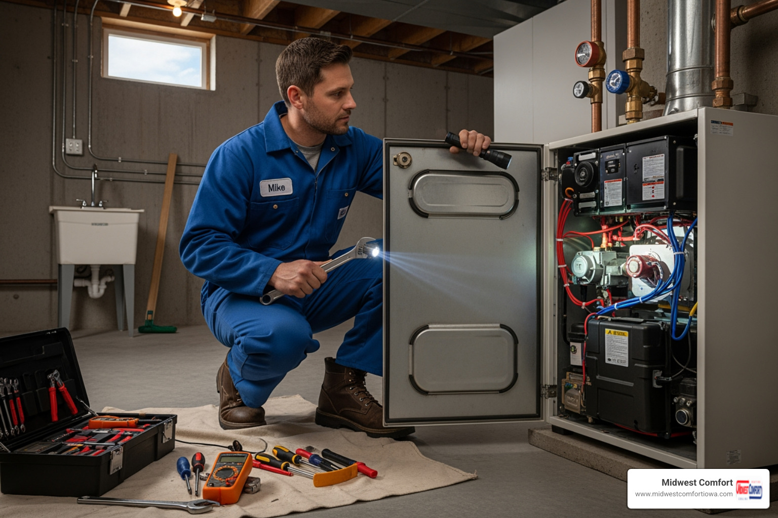 Infographic showing the key components of a residential boiler system including the boiler unit, hot water circulation pipes, radiators in different rooms, expansion tank, pressure gauge, and thermostat, with labels explaining how hot water or steam flows through the system to provide even, radiant heat throughout a Waukee home - local boiler repair in waukee, ia