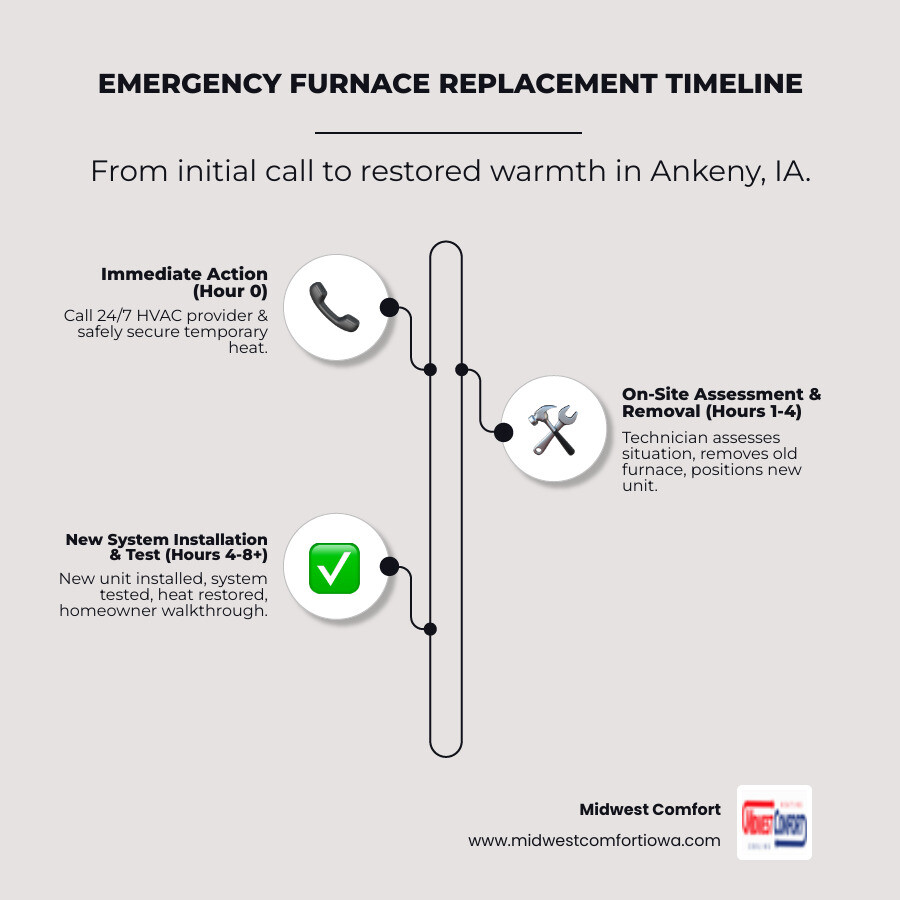 Infographic showing emergency furnace replacement timeline: Hour 0 - Call 24/7 provider and secure temporary heat, Hours 1-2 - Technician arrives and assesses situation, Hours 2-4 - Old furnace removed and new unit positioned, Hours 4-8 - Installation completed and system tested, Hour 8+ - Heat restored and homeowner walkthrough completed - emergency furnace replacement in ankeny, ia infographic infographic-line-3-steps-elegant_beige