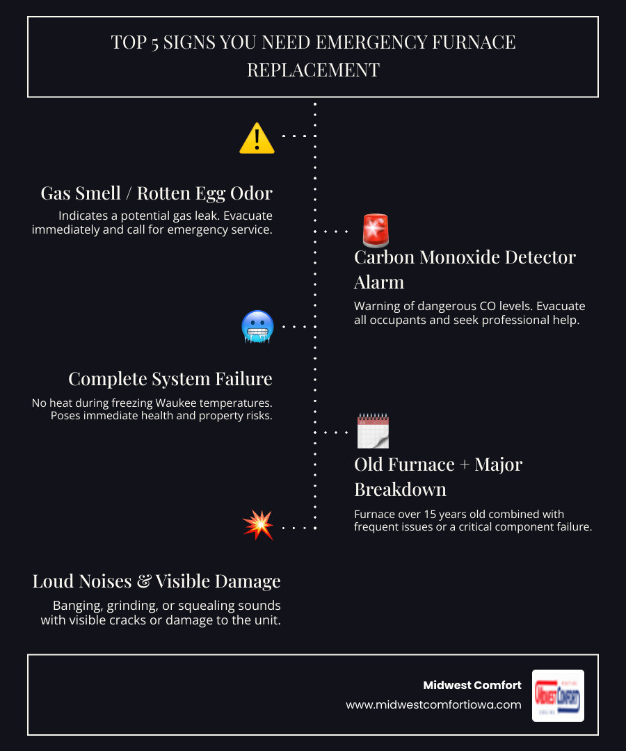 Infographic showing the top 5 signs you need emergency furnace replacement: 1. Gas smell or rotten egg odor requiring immediate evacuation, 2. Carbon monoxide detector alarm sounding, 3. Complete system failure with no heat during freezing temperatures, 4. Furnace age over 15 years combined with major breakdown, 5. Loud banging or grinding noises with visible cracks or damage - emergency furnace replacement in waukee, ia infographic infographic-line-5-steps-dark