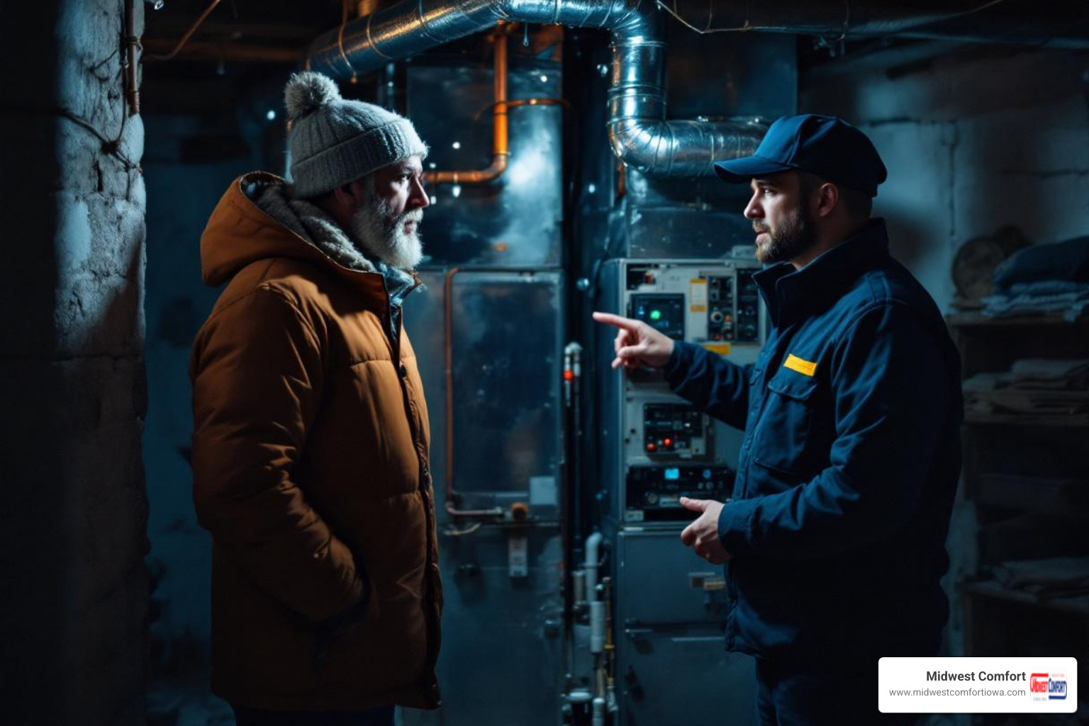 Infographic showing emergency furnace replacement decision flowchart: Age over 15 years plus complete failure equals replacement needed; carbon monoxide alarm or gas smell equals evacuate and call immediately; frequent repairs in past year equals consider replacement; response timeline showing call to dispatch in 30 minutes, arrival in 1-2 hours, installation in 4-8 hours - 24 hour furnace replacement in des moines, ia