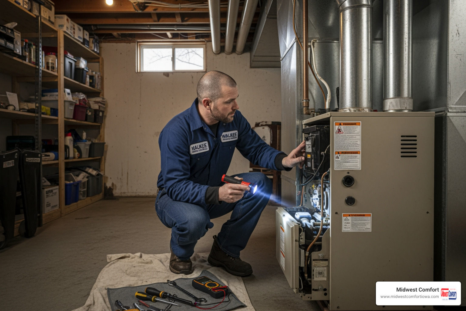 infographic showing five warning signs your heating system needs repair: unusual sounds like banging or squealing, weak or inconsistent airflow from vents, rising utility bills without increased usage, cold spots or uneven heating throughout the home, and strange burning or musty odors when the system runs - heating repair service in waukee, ia