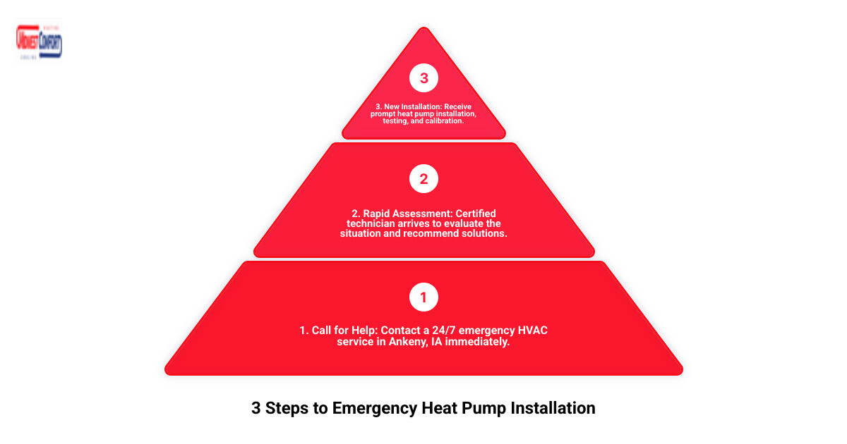 Infographic showing the 3-step emergency heat pump installation process: Step 1 - Call 24/7 emergency service and explain your situation; Step 2 - Certified technician arrives for rapid system assessment and professional recommendation; Step 3 - Complete installation of your new heat pump system with testing and calibration, typically within 24 hours - emergency heat pump installation in ankeny, ia infographic 3_stage_pyramid