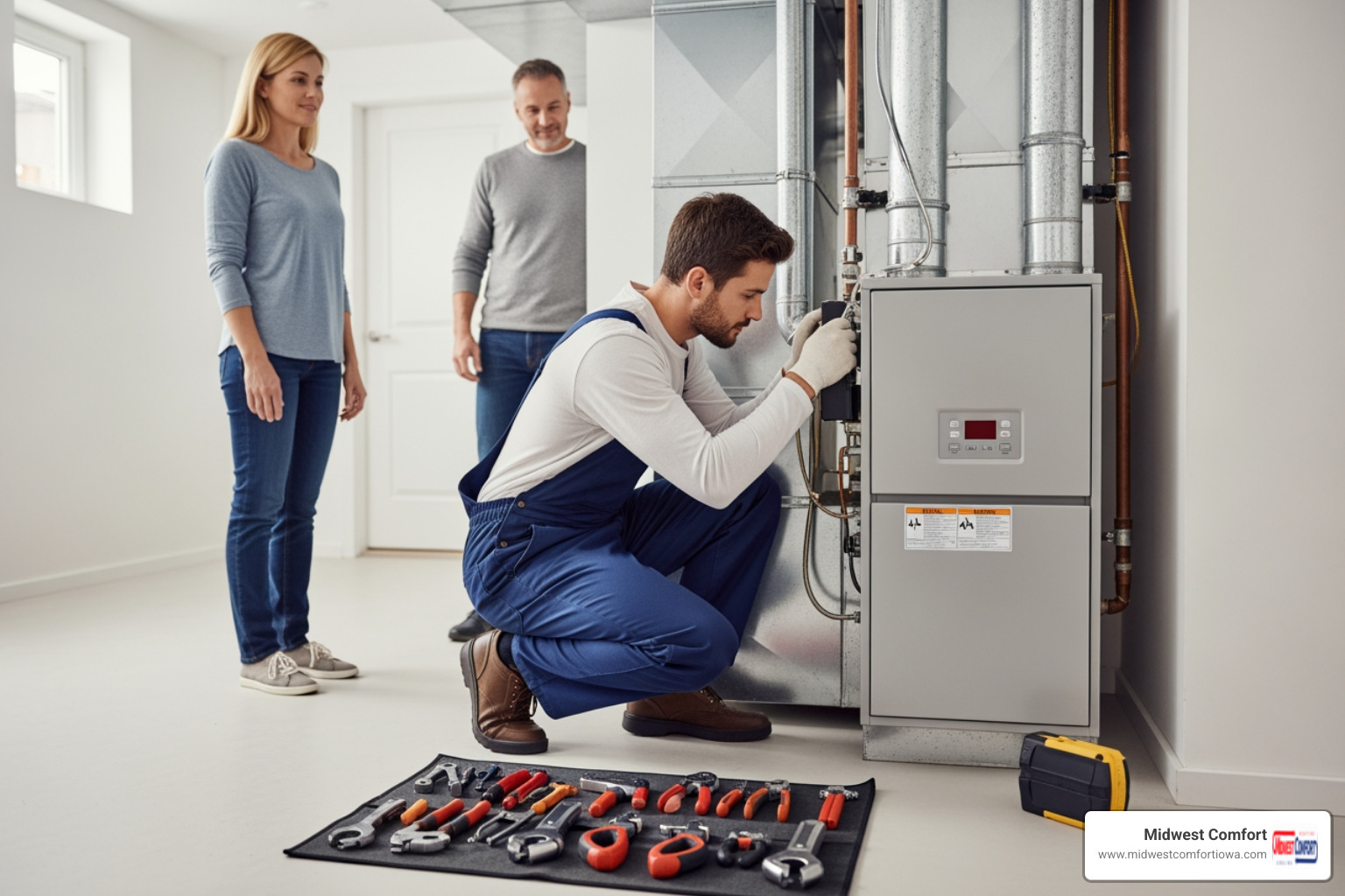 Infographic showing the 5-step emergency heating replacement process: 1) Emergency call to 24/7 HVAC service, 2) Technician arrives for safety assessment and system shutdown, 3) Full diagnosis determines repair vs replacement need, 4) Homeowner selects new high-efficiency furnace or heating system, 5) Professional installation completed with testing and system activation - emergency heating replacement in waukee, ia Infographic showing the 5-step emergency heating replacement process: 1) Emergency call to 24/7 HVAC service, 2) Technician arrives for safety assessment and system shutdown, 3) Full diagnosis determines repair vs replacement need, 4) Homeowner selects new high-efficiency furnace or heating system, 5) Professional installation completed with testing and system activation - emergency heating replacement in waukee, ia