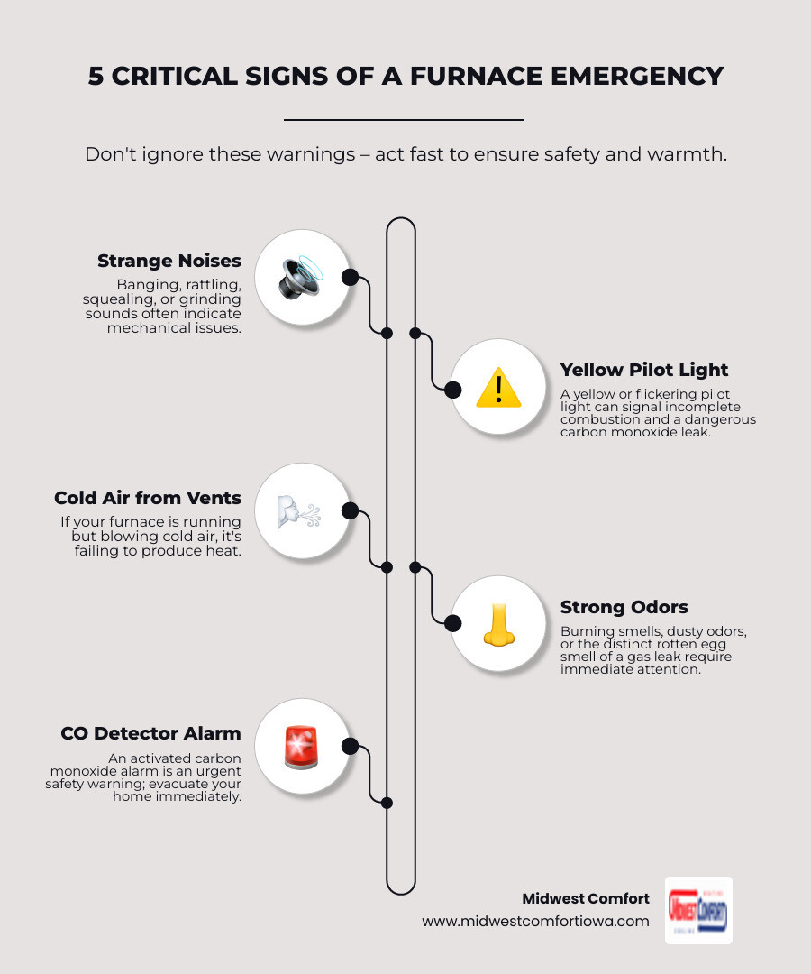 Infographic showing 5 critical signs of a furnace emergency: unusual banging or grinding noises, yellow or flickering pilot light, cold air blowing from vents, strong burning or gas odor, and carbon monoxide detector alarm sounding - emergency furnace repair in waukee, ia infographic infographic-line-5-steps-elegant_beige