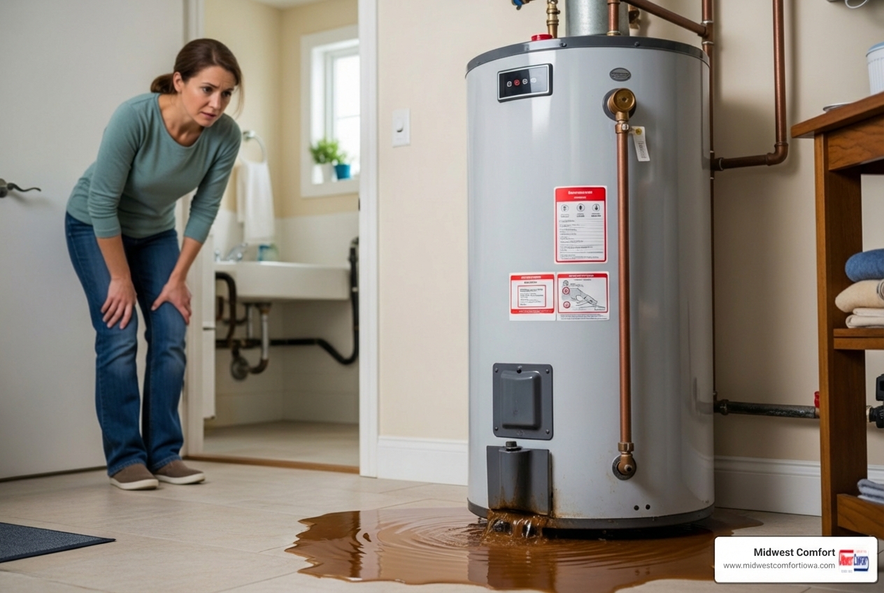 infographic showing emergency water heater warning signs including major leaks, no hot water, gas odor, strange noises like popping or banging, discolored rusty water, and pilot light failure, with immediate action steps for Des Moines homeowners - emergency water heater repair in des moines, ia
