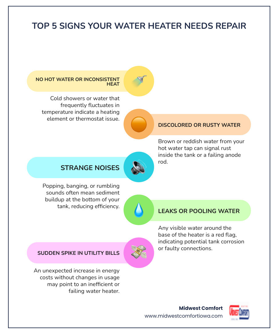 infographic explaining the top 5 signs a water heater needs professional attention - water heater repair company in waukee, ia infographic infographic-line-5-steps-colors