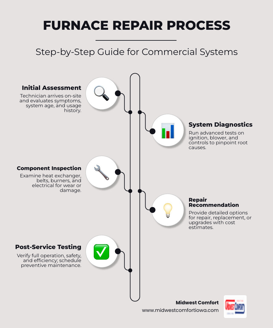 Infographic showing the commercial furnace repair process: initial assessment, system diagnostics, component inspection, repair or replacement recommendation, post-service testing, and preventive maintenance scheduling - commercial furnace repair in clive, ia infographic infographic-line-5-steps-elegant_beige Infographic showing the commercial furnace repair process: initial assessment, system diagnostics, component inspection, repair or replacement recommendation, post-service testing, and preventive maintenance scheduling - commercial furnace repair in clive, ia infographic infographic-line-5-steps-elegant_beige