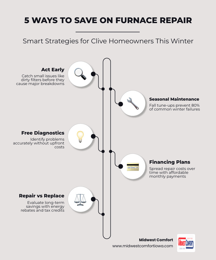 Infographic showing how Clive homeowners can save on furnace repair through maintenance, early detection, and financing