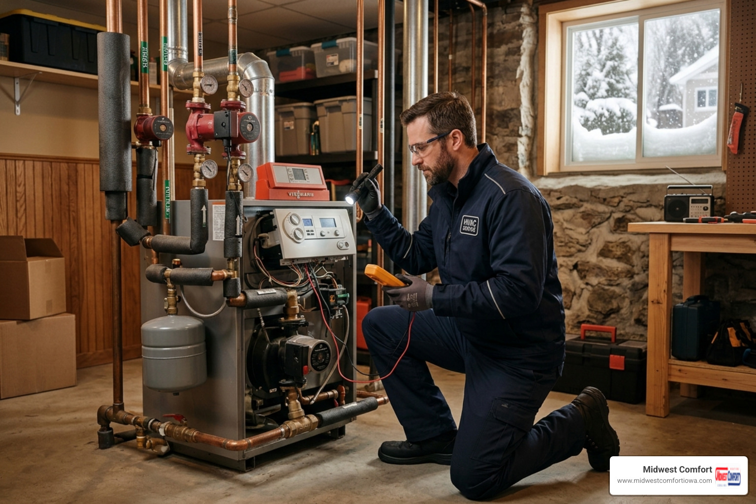 emergency boiler repair Waukee IA technician inspecting residential boiler system in winter - emergency boiler repair in emergency boiler repair Waukee IA technician inspecting residential boiler system in winter - emergency boiler repair in