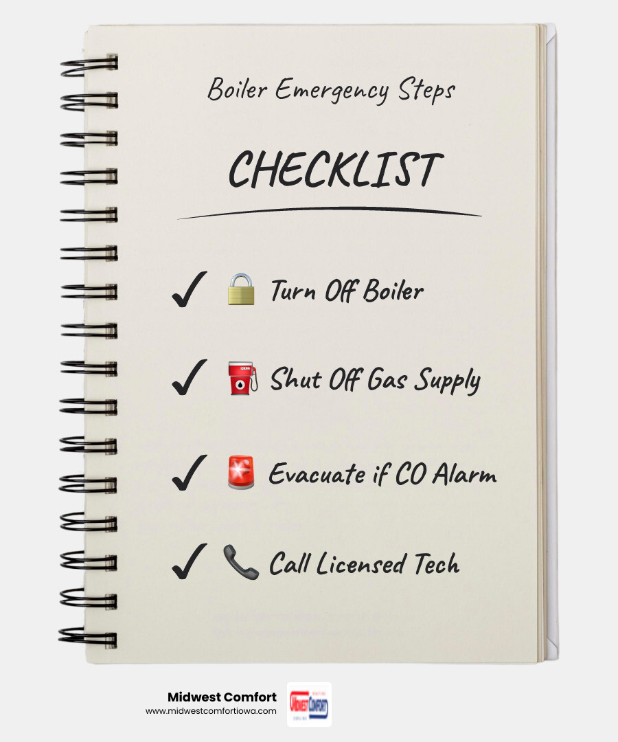 Infographic showing steps for emergency boiler repair in Waukee IA including shutoff gas water power call technician safety Infographic showing steps for emergency boiler repair in Waukee IA including shutoff gas water power call technician safety