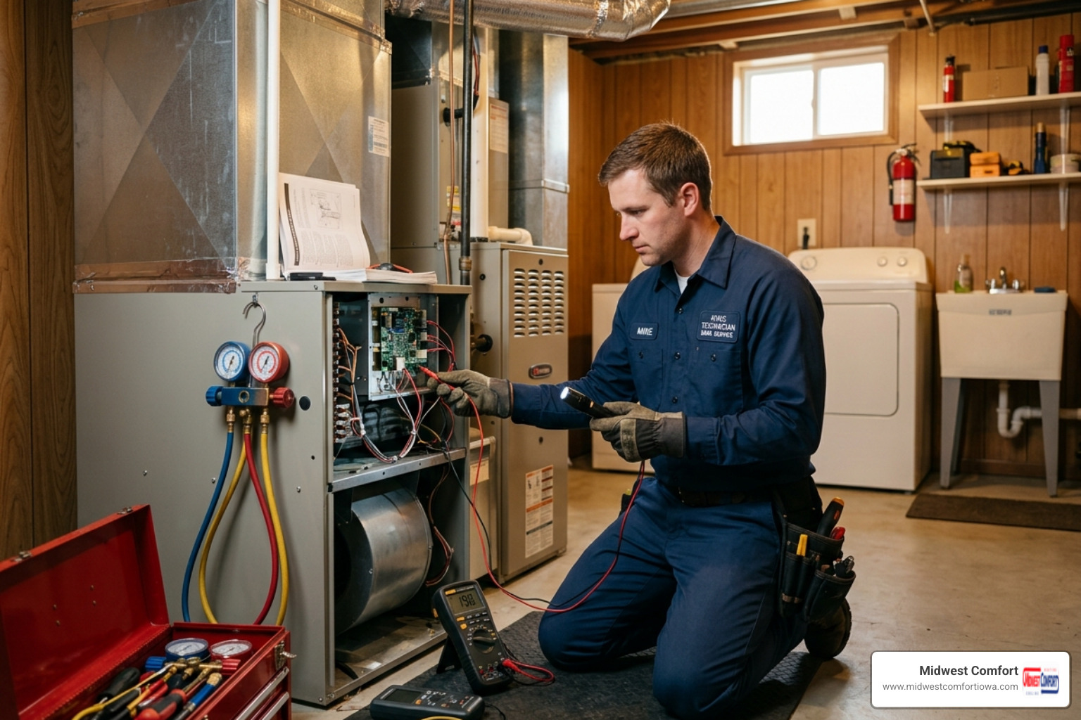 HVAC technician performing an urgent diagnostic on a failed AC unit in a Dallas Center home - 24 hour ac installation in