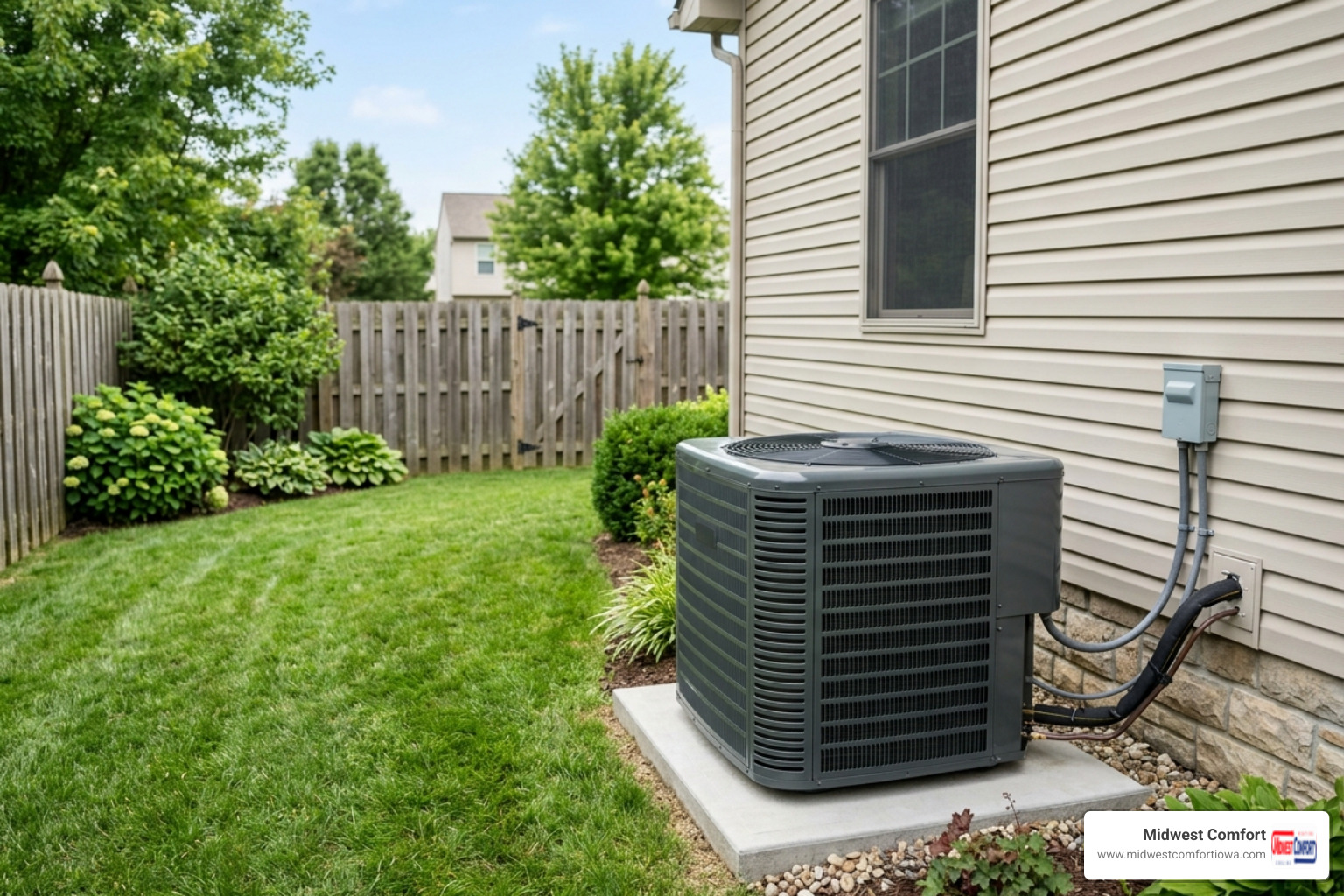 A high-efficiency exterior AC unit installed neatly on a level pad behind a residential home - 24 hour ac installation in