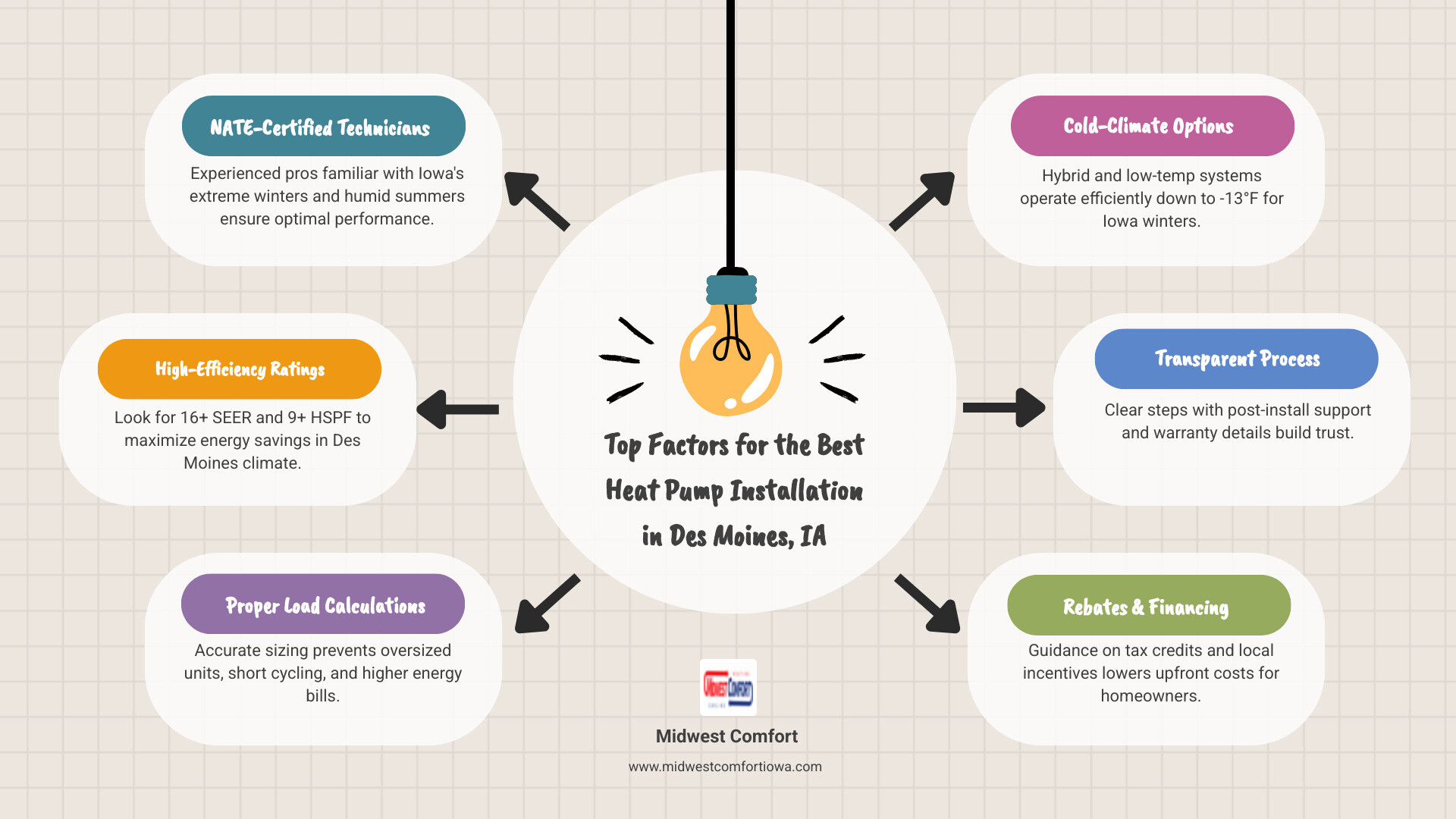 Infographic showing how heat pumps work in Iowa's climate, key efficiency ratings, and what to look for in an installer Infographic showing how heat pumps work in Iowa's climate, key efficiency ratings, and what to look for in an installer