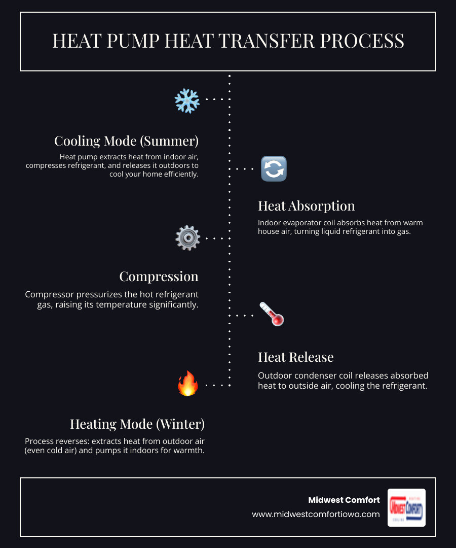 Infographic showing heat pump heat transfer process in heating and cooling modes with seasonal efficiency tips - heat pump Infographic showing heat pump heat transfer process in heating and cooling modes with seasonal efficiency tips - heat pump