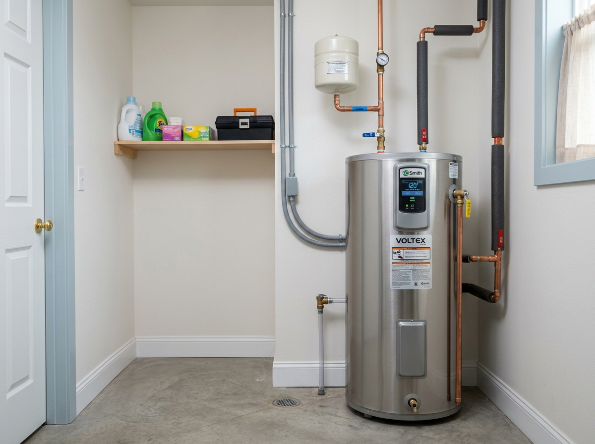 modern energy efficient water heater installed in a clean utility room - emergency water heater installation in des moines