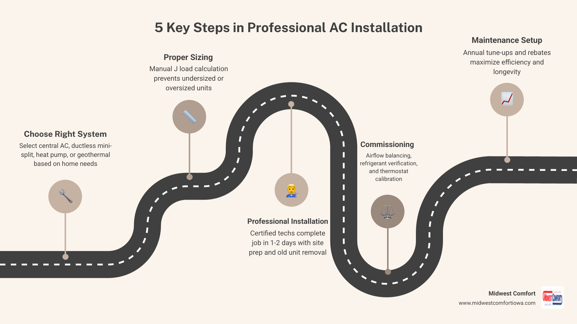 Infographic: Benefits of professional AC installation in Des Moines IA — system types, energy savings, and key steps - ac