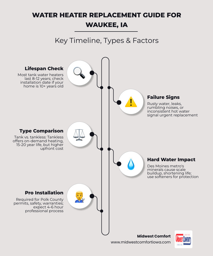 infographic showing water heater replacement timeline, types, and top Waukee providers - best water heater replacement in