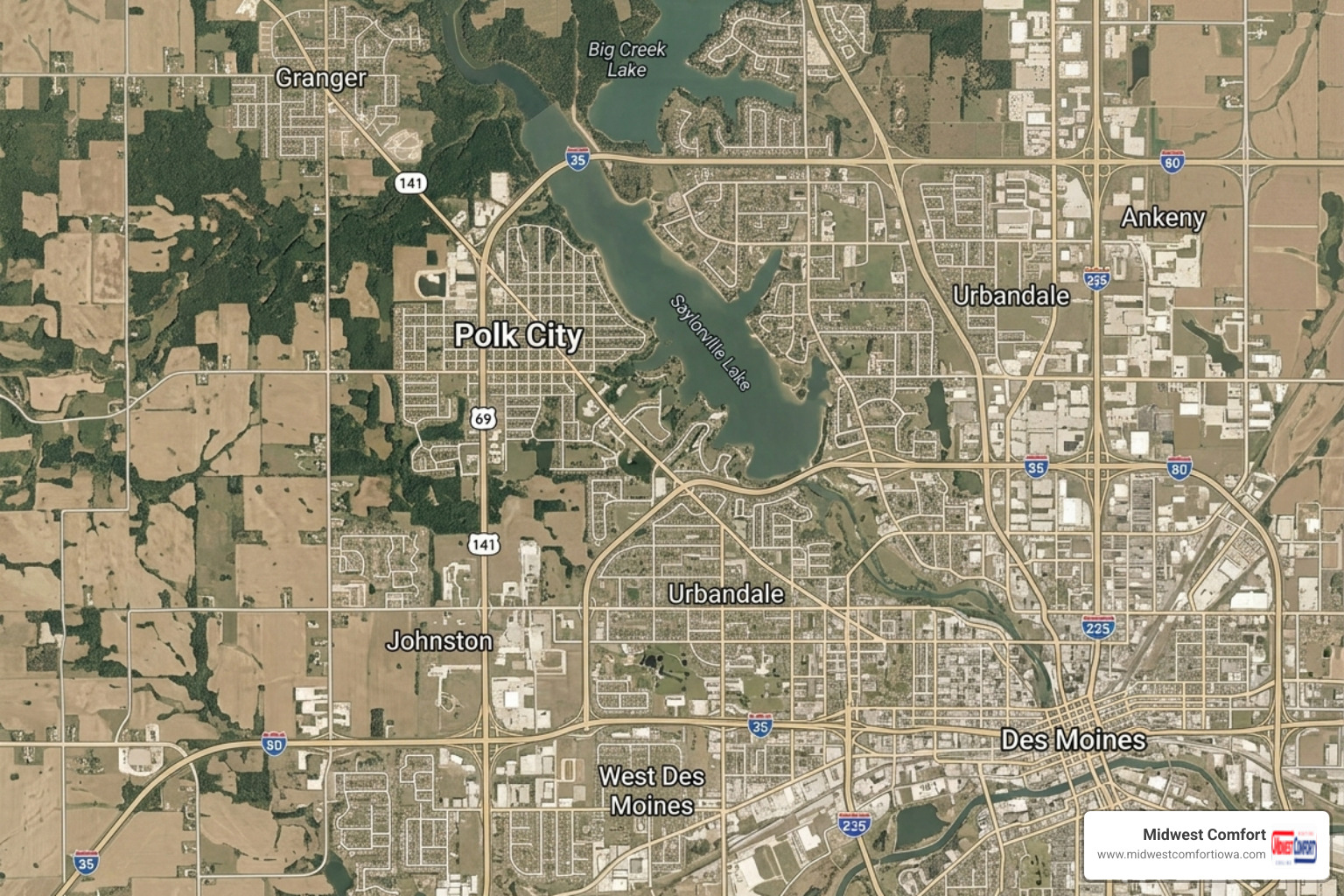 A map highlighting Polk City and Granger within the broader Des Moines metro area. - Who are the most trusted providers for